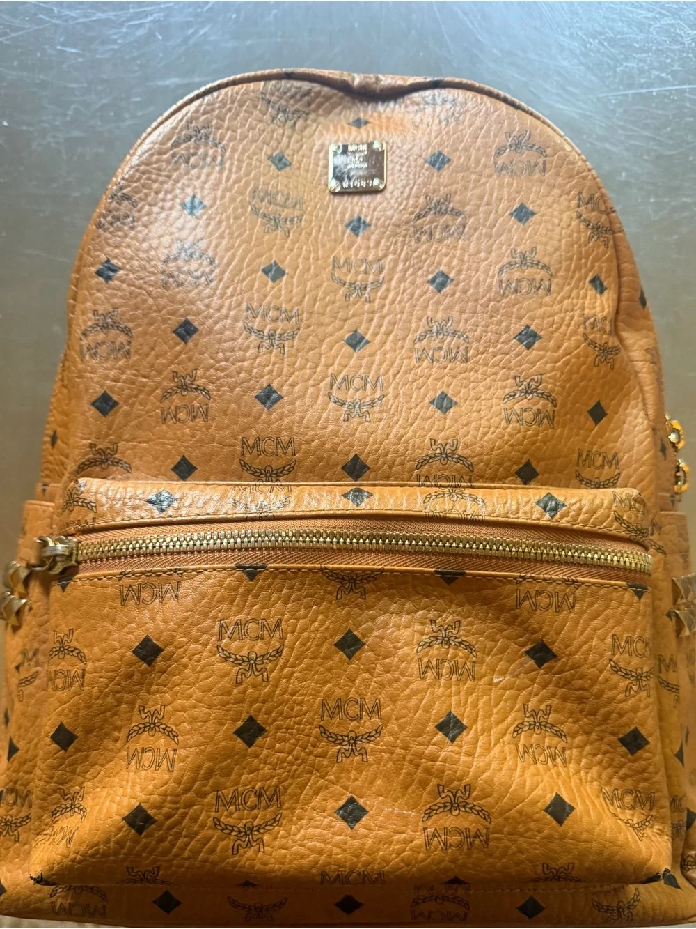 MCM Cognac Visetos Logo Backpack with Gold Hardware